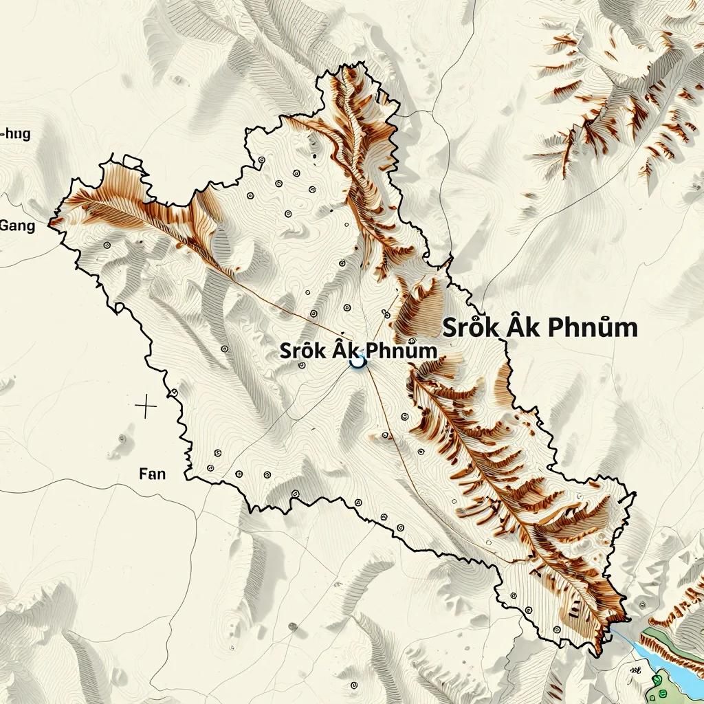 3D topographic map showing elevation contours, mountain ranges, and terrain features of Srŏk Âk Phnŭm, Cambodia