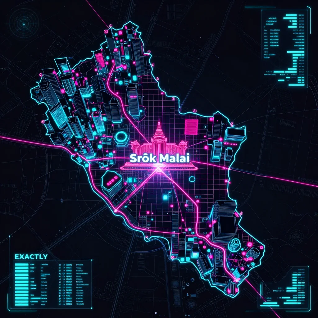 Futuristic Cyberpunk Map of Srŏk Malai, Cambodia Cyberpunk style digital map of Srŏk Malai, Cambodia with neon grid lines and futuristic UI design