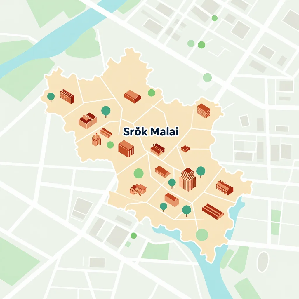Isometric Tourist Map of Srŏk Malai, Cambodia - Flat Design Isometric flat design tourist map of Srŏk Malai, Cambodia showing landmarks, attractions, and points of interest