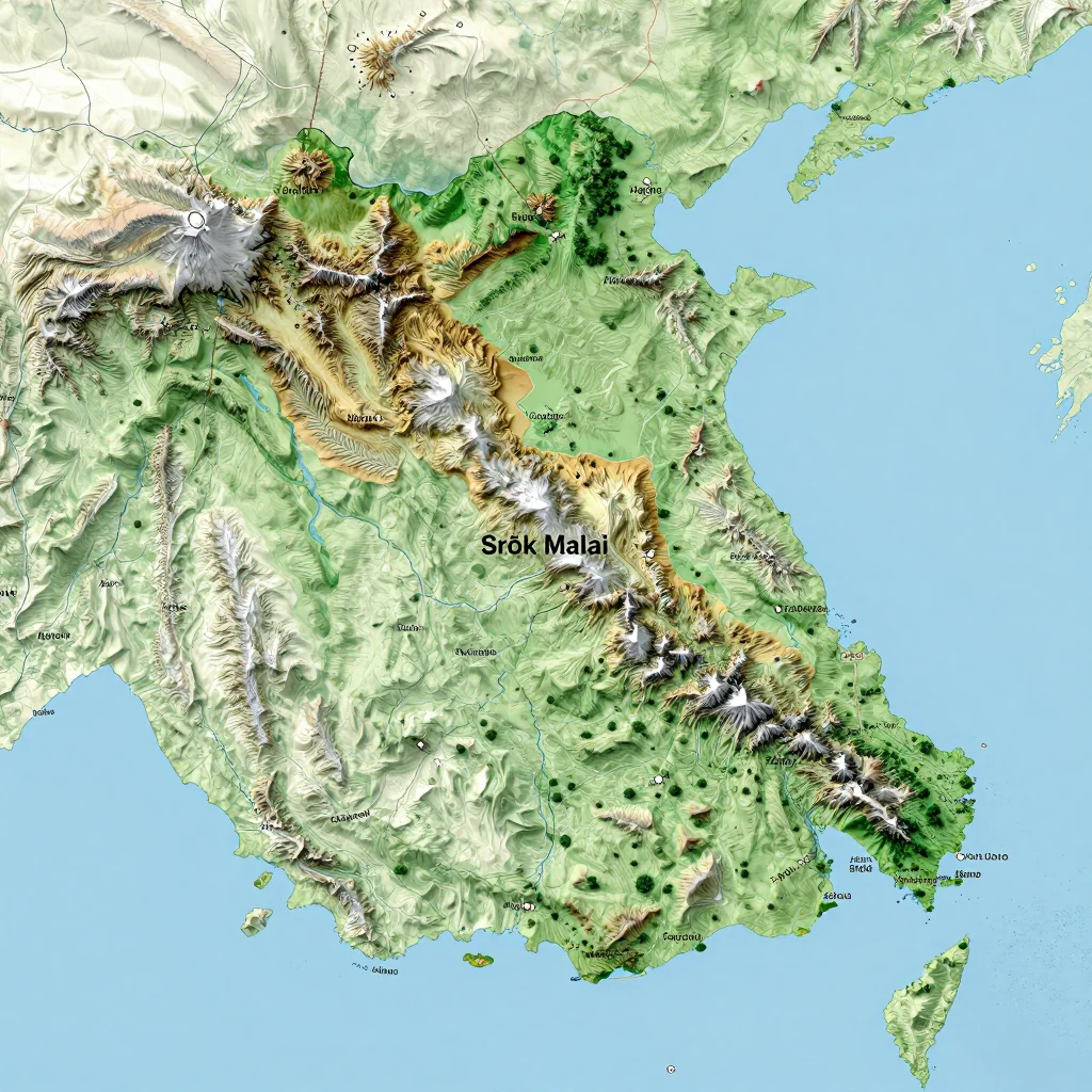 Physical Geography Map of Srŏk Malai, Cambodia Physical geography map showing terrain, mountains, rivers, and natural features of Srŏk Malai, Cambodia