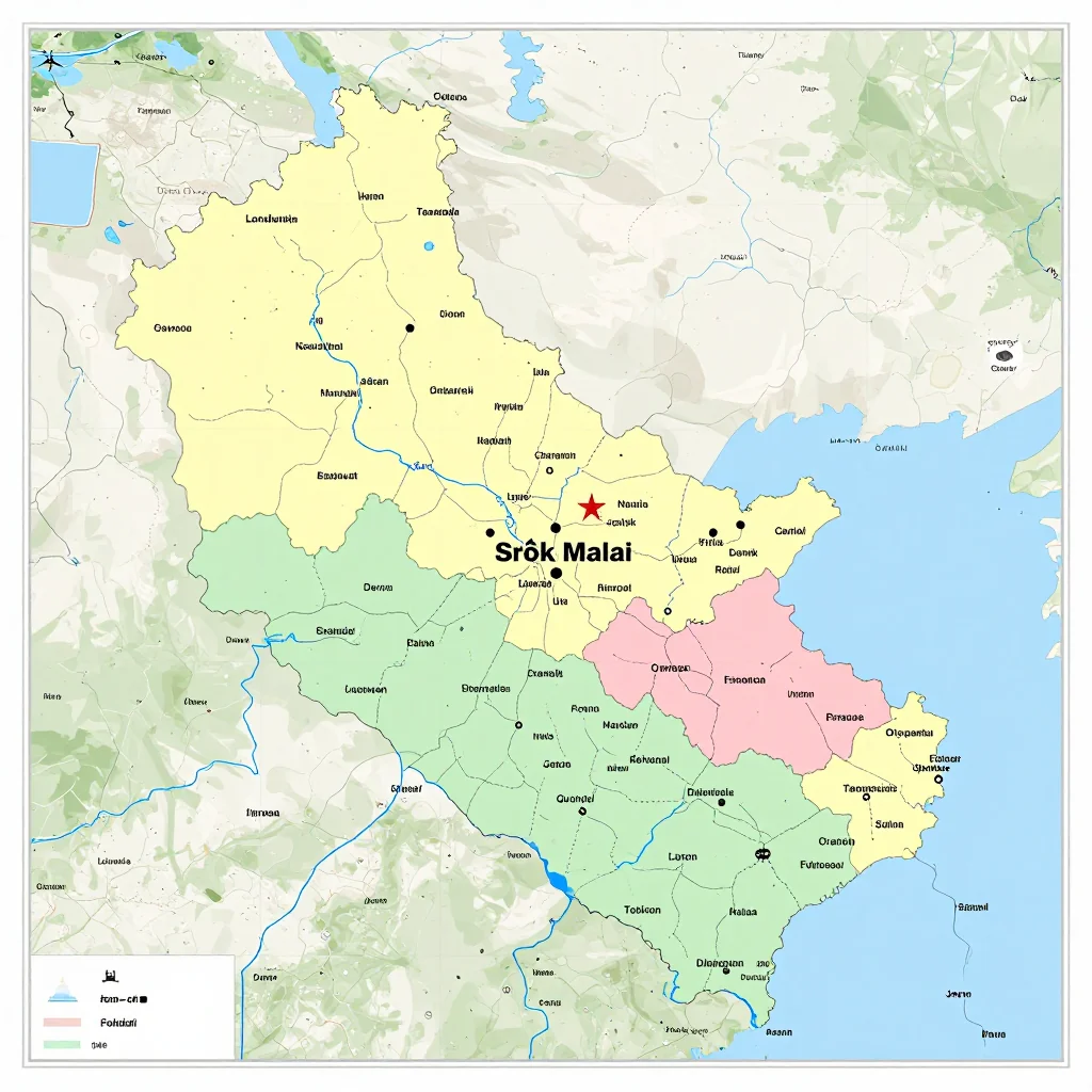 Political Map of Srŏk Malai, Cambodia - Administrative Boundaries Political map showing borders, administrative divisions, major cities, and capital of Srŏk Malai, Cambodia