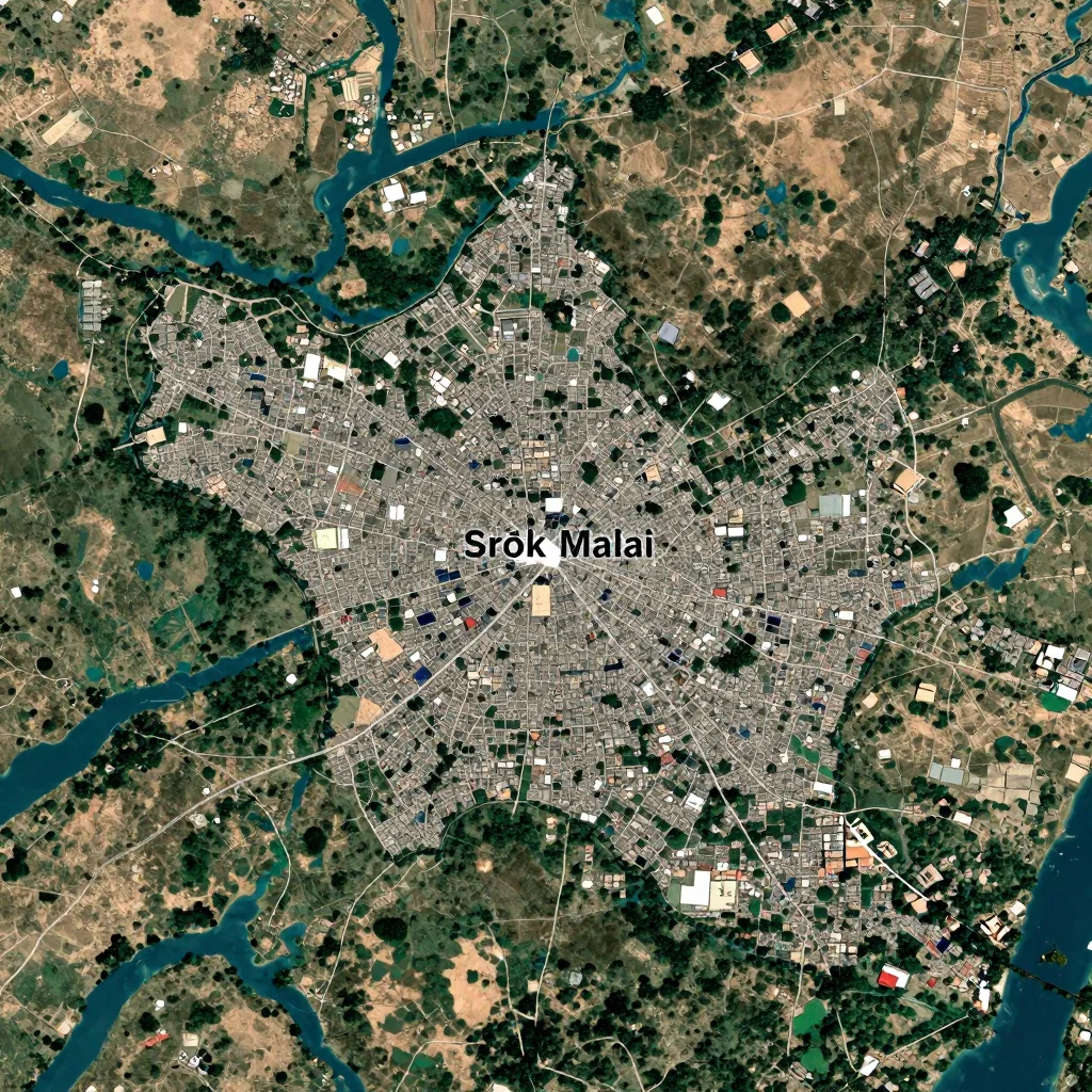 Satellite View of Srŏk Malai, Cambodia from Space High-resolution satellite image of Srŏk Malai, Cambodia showing land cover, urban areas, and natural features from space