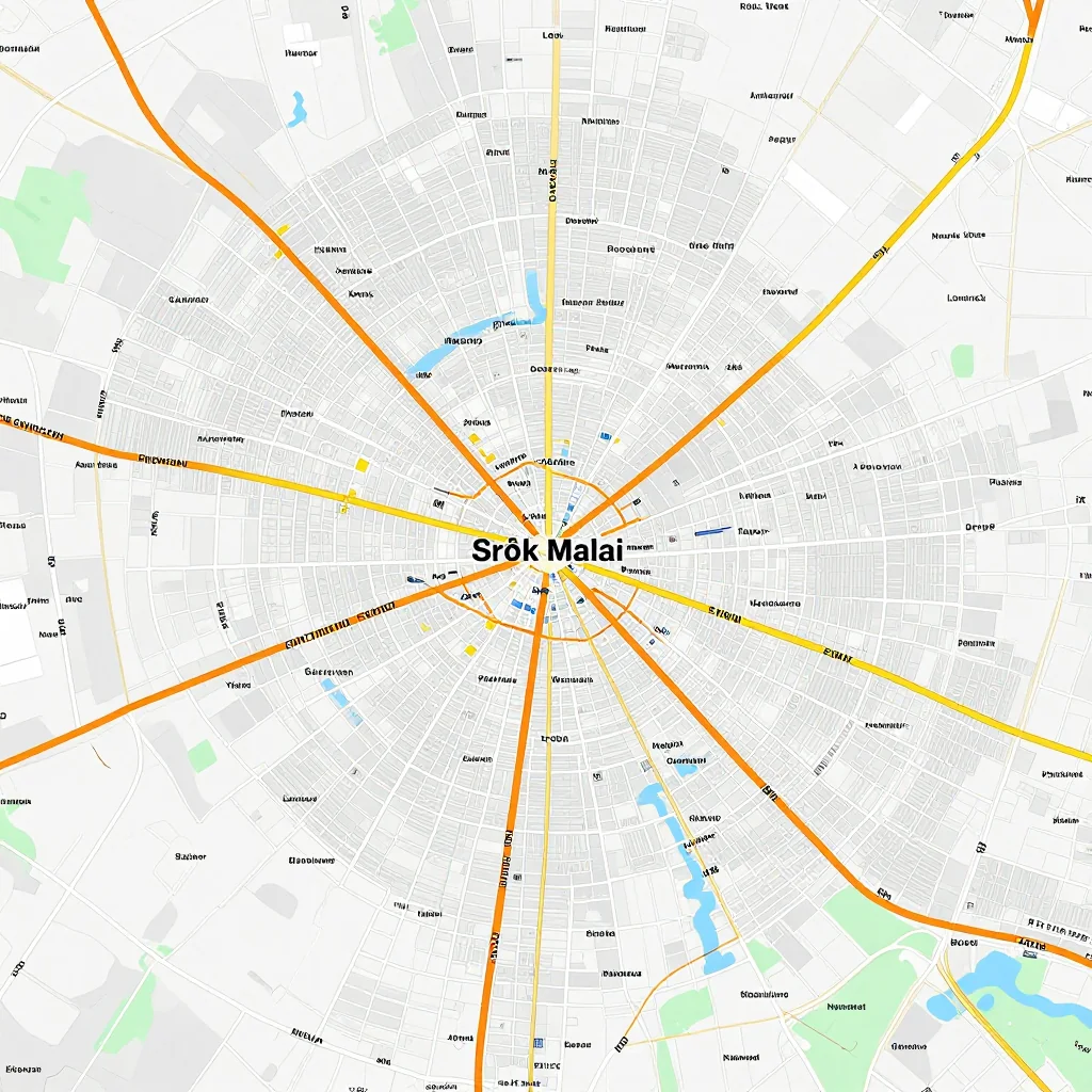 Street Map of Srŏk Malai, Cambodia - Road Network Detailed street map showing roads, highways, neighborhoods, and urban layout of Srŏk Malai, Cambodia