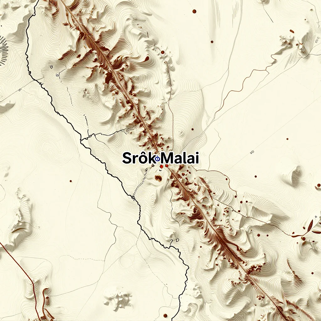 Topographic Relief Map of Srŏk Malai, Cambodia 3D topographic map showing elevation contours, mountain ranges, and terrain features of Srŏk Malai, Cambodia