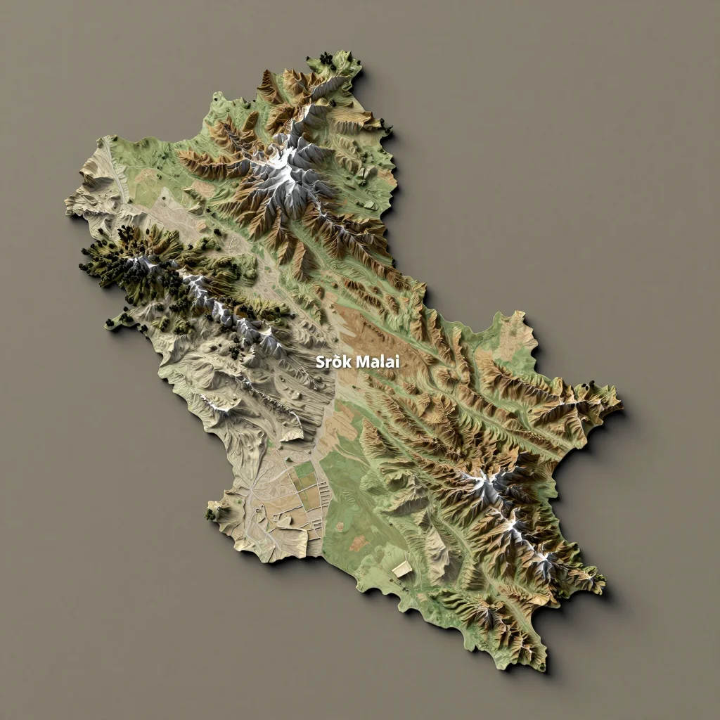 3D Isometric Topographic Map of Srŏk Malai, Cambodia Isometric 3D topographic visualization showing elevation and terrain of Srŏk Malai, Cambodia