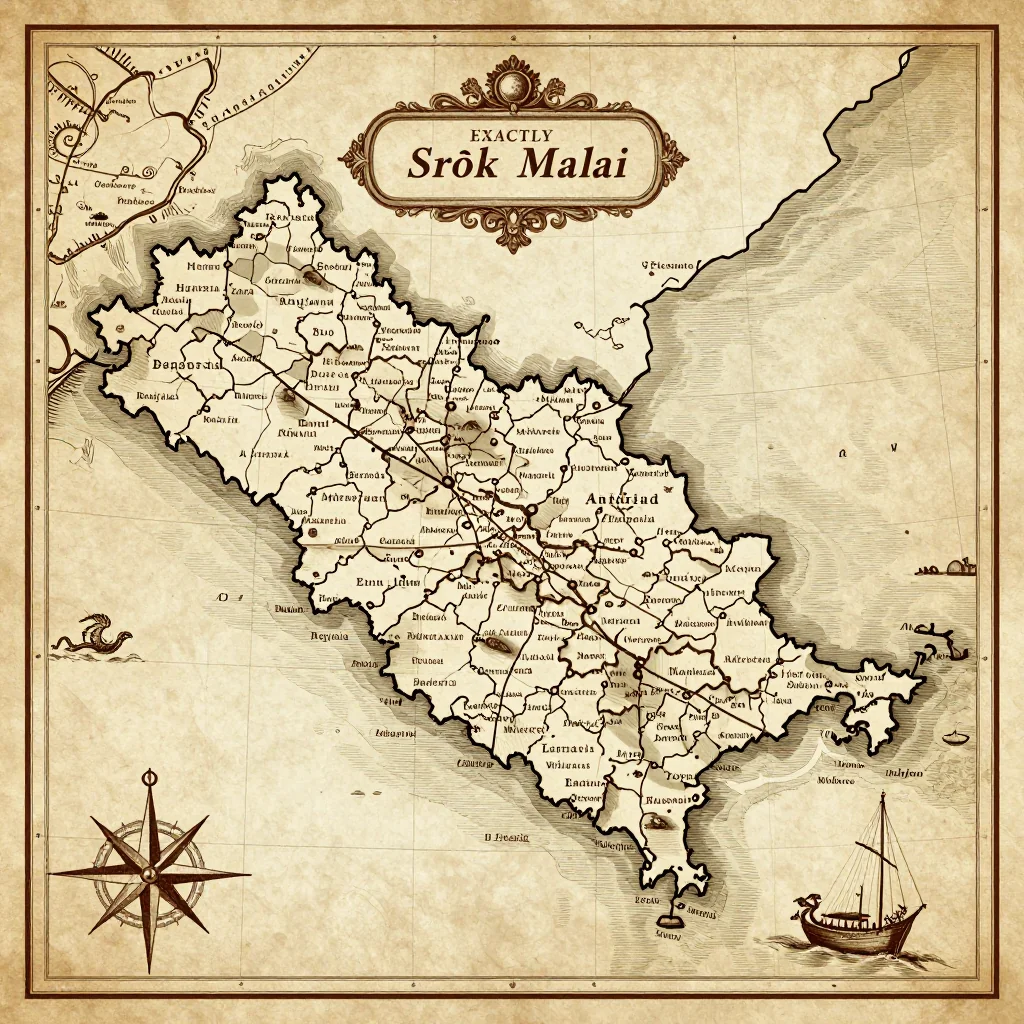 Historical Vintage Map of Srŏk Malai, Cambodia - Antique Cartography Antique vintage map of Srŏk Malai, Cambodia showing historical cartography style