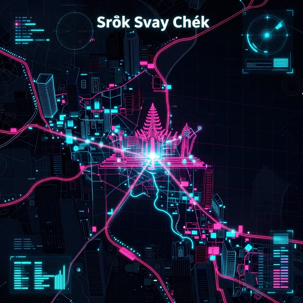 Futuristic Cyberpunk Map of Srŏk Svay Chék, Cambodia Cyberpunk style digital map of Srŏk Svay Chék, Cambodia with neon grid lines and futuristic UI design