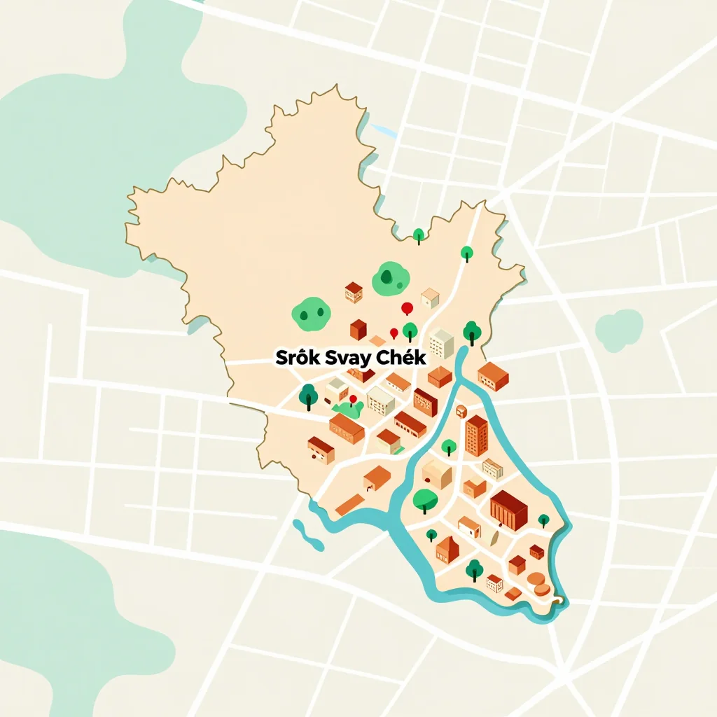 Isometric Tourist Map of Srŏk Svay Chék, Cambodia - Flat Design Isometric flat design tourist map of Srŏk Svay Chék, Cambodia showing landmarks, attractions, and points of interest
