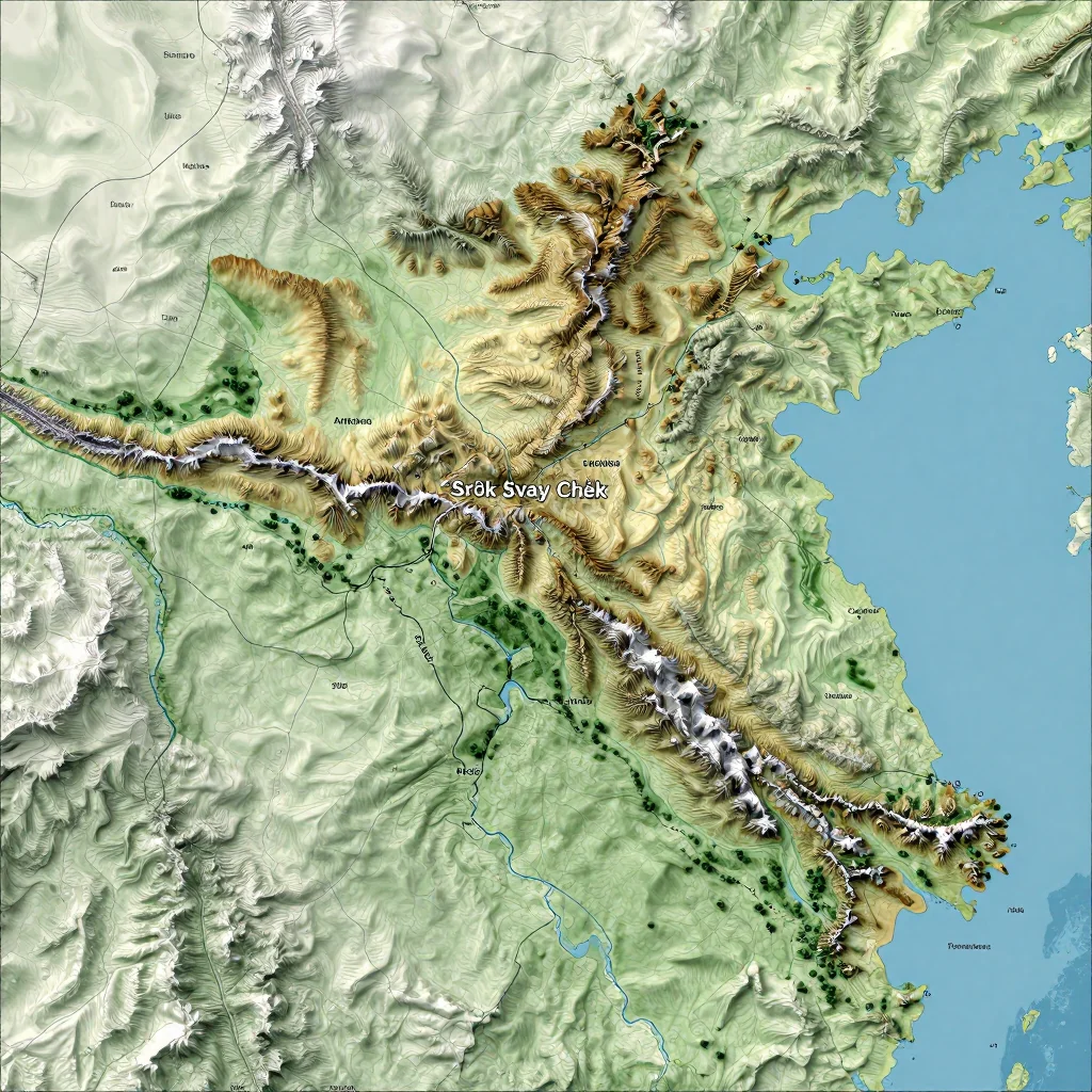 Physical Geography Map of Srŏk Svay Chék, Cambodia Physical geography map showing terrain, mountains, rivers, and natural features of Srŏk Svay Chék, Cambodia