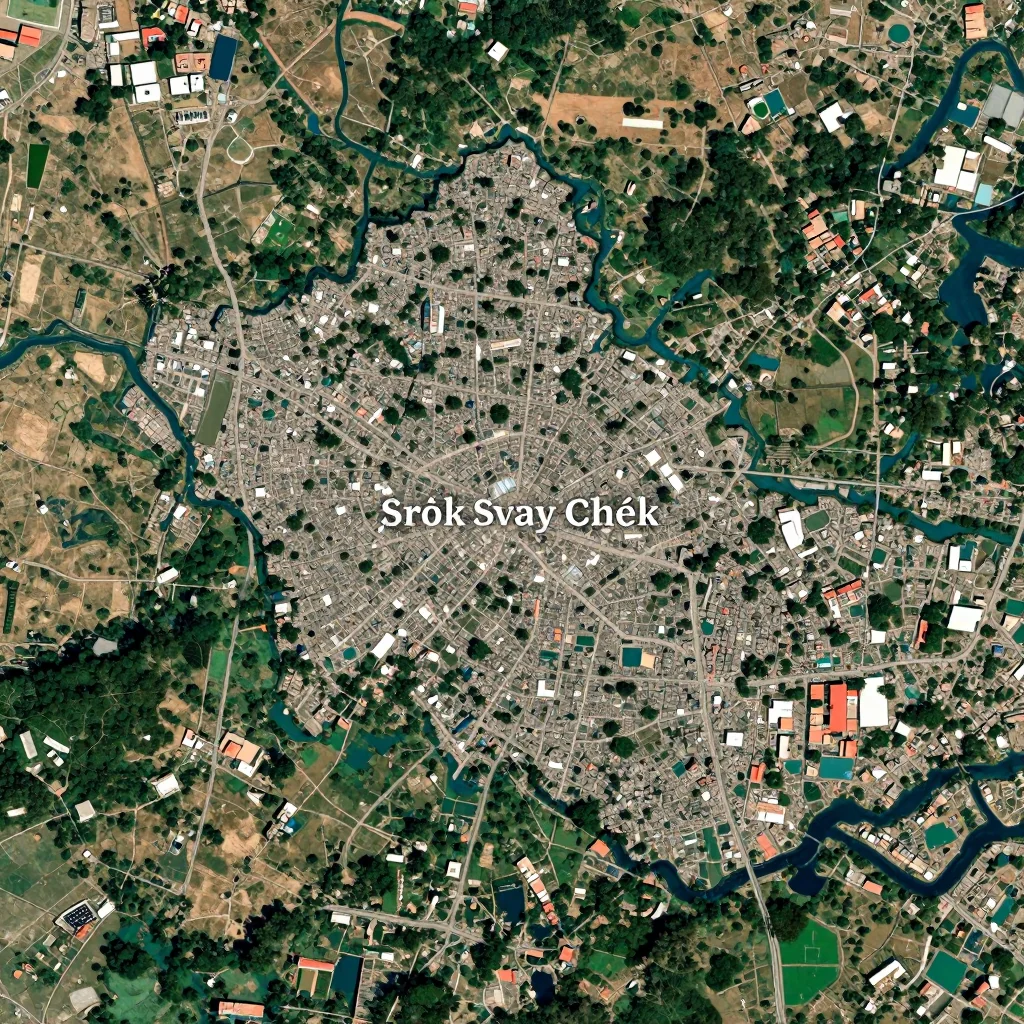 Satellite View of Srŏk Svay Chék, Cambodia from Space High-resolution satellite image of Srŏk Svay Chék, Cambodia showing land cover, urban areas, and natural features from space