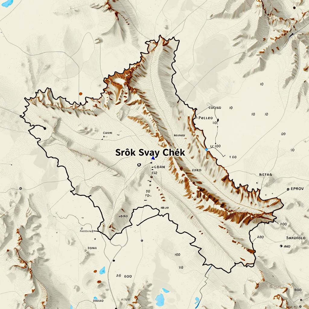 Topographic Relief Map of Srŏk Svay Chék, Cambodia 3D topographic map showing elevation contours, mountain ranges, and terrain features of Srŏk Svay Chék, Cambodia