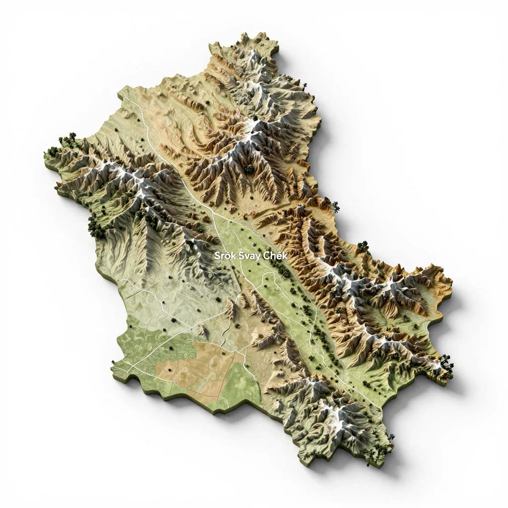 3D Isometric Topographic Map of Srŏk Svay Chék, Cambodia Isometric 3D topographic visualization showing elevation and terrain of Srŏk Svay Chék, Cambodia