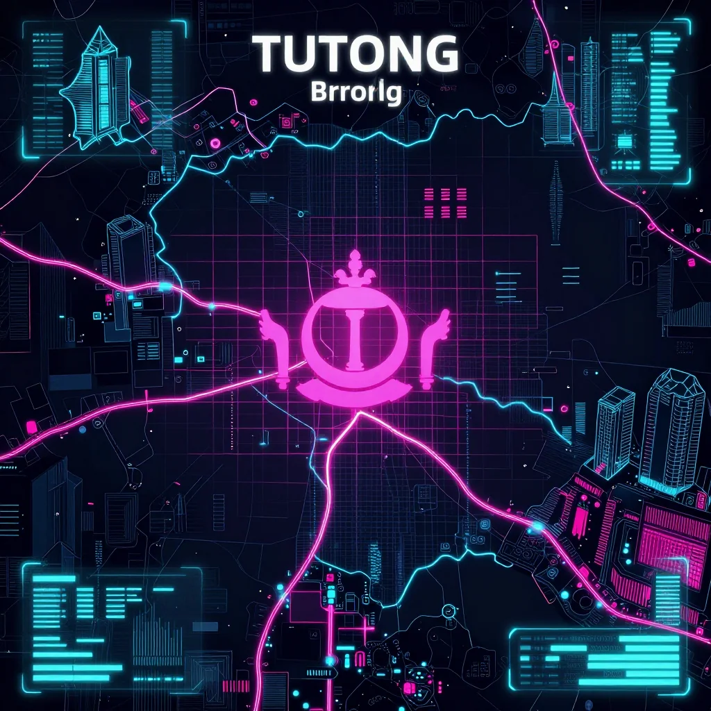 Cyberpunk style digital map of Tutong, Brunei with neon grid lines and futuristic UI design