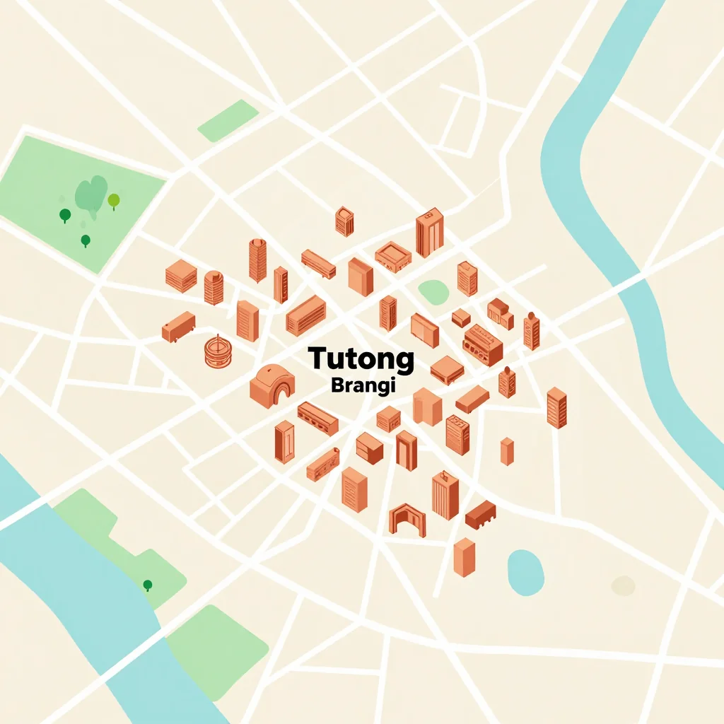 Isometric flat design tourist map of Tutong, Brunei showing landmarks, attractions, and points of interest