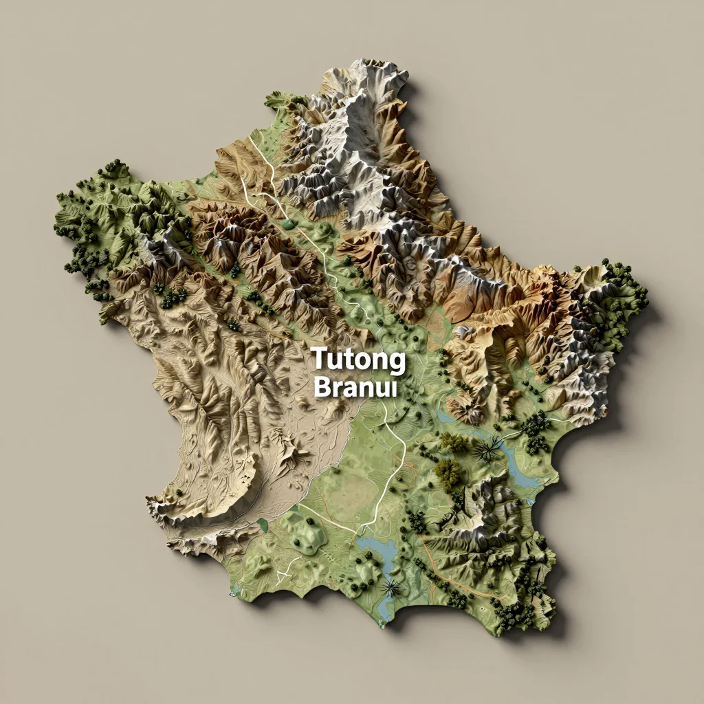 Isometric 3D topographic visualization showing elevation and terrain of Tutong, Brunei