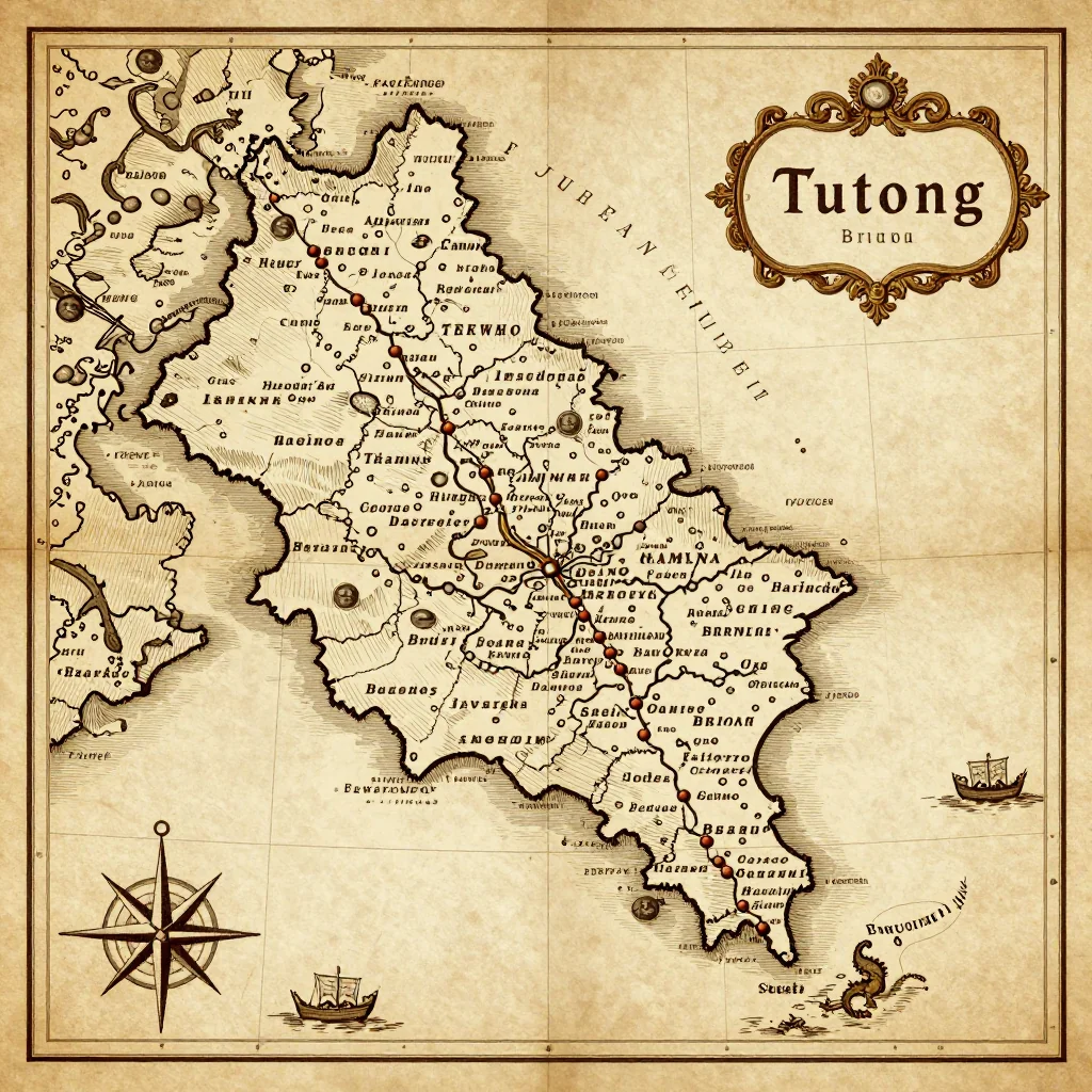 Antique vintage map of Tutong, Brunei showing historical cartography style