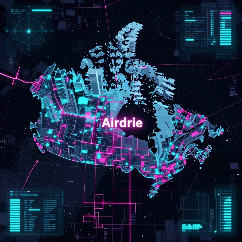Cyberpunk style digital map of Airdrie, Canada with neon grid lines and futuristic UI design