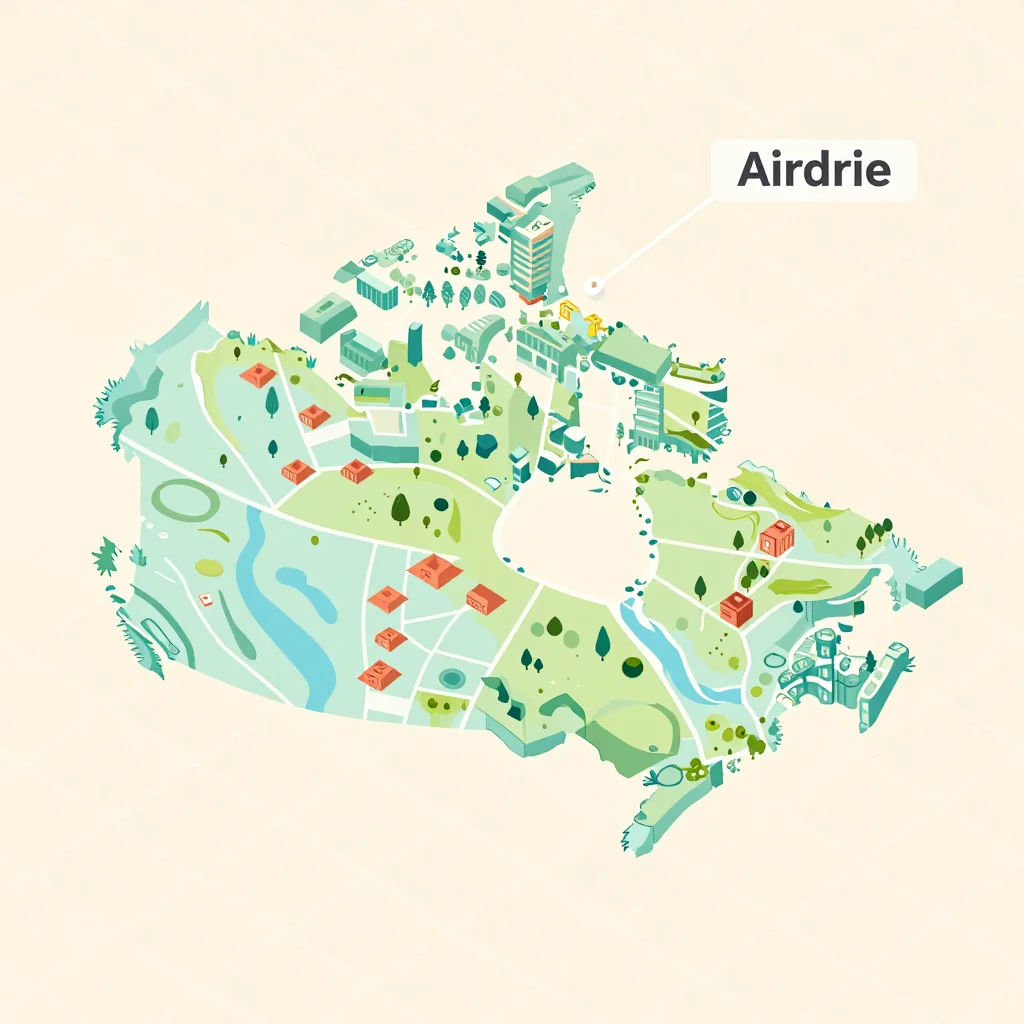 Isometric flat design tourist map of Airdrie, Canada showing landmarks, attractions, and points of interest