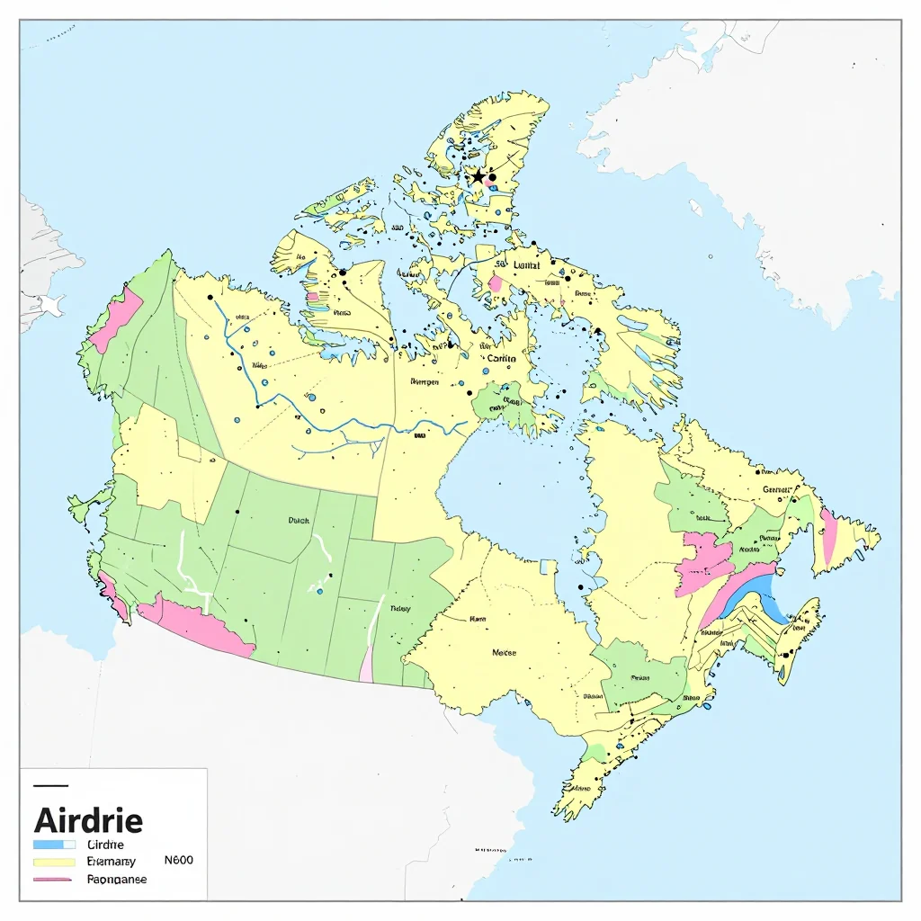 Political map showing borders, administrative divisions, major cities, and capital of Airdrie, Canada