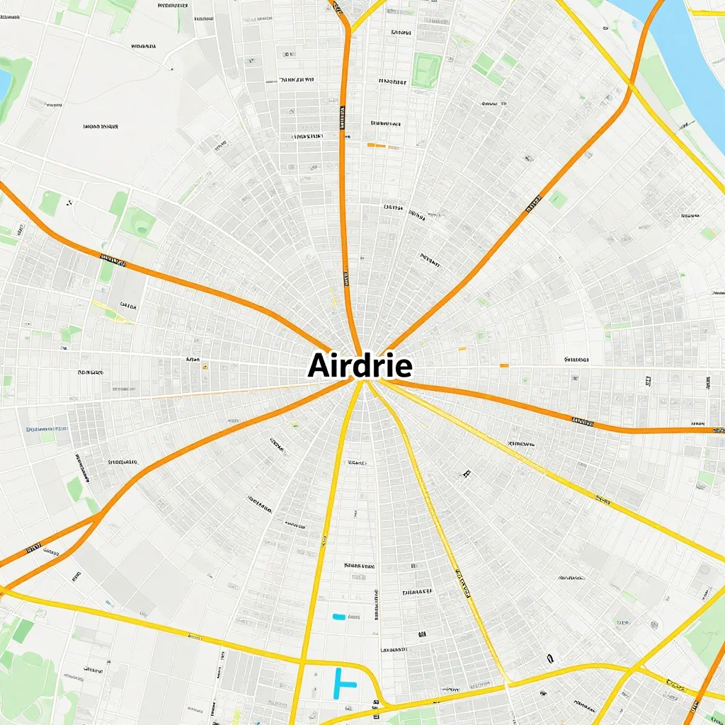 Detailed street map showing roads, highways, neighborhoods, and urban layout of Airdrie, Canada