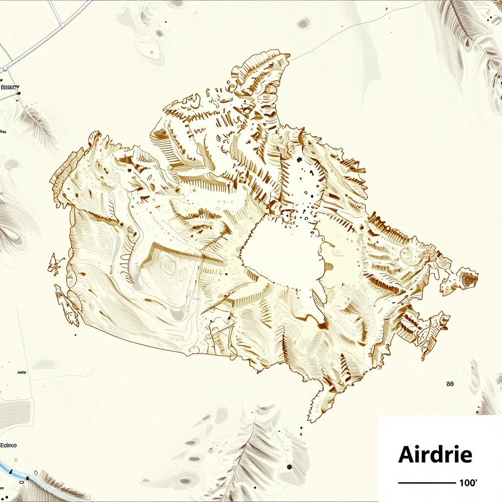 3D topographic map showing elevation contours, mountain ranges, and terrain features of Airdrie, Canada