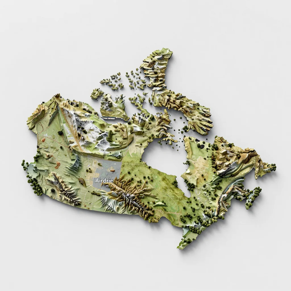 Isometric 3D topographic visualization showing elevation and terrain of Airdrie, Canada