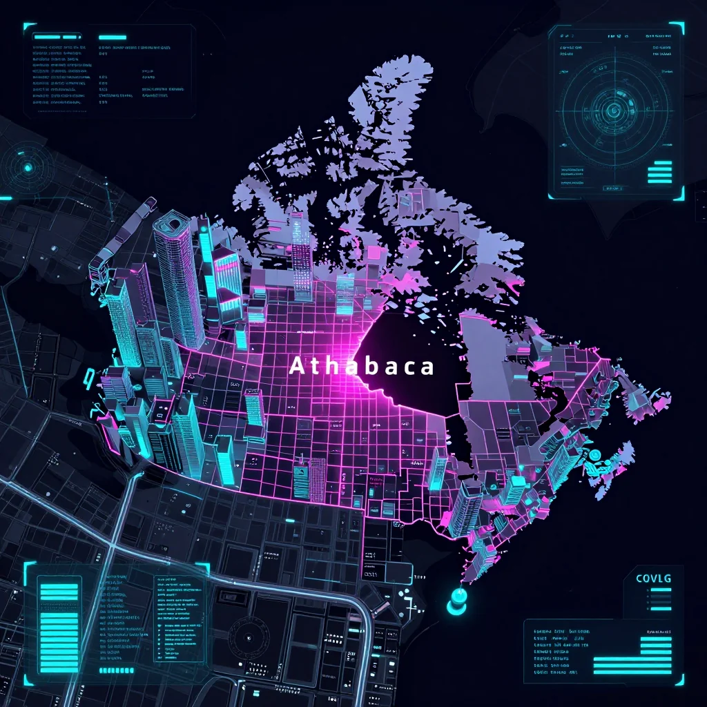 Cyberpunk style digital map of Athabasca, Canada with neon grid lines and futuristic UI design