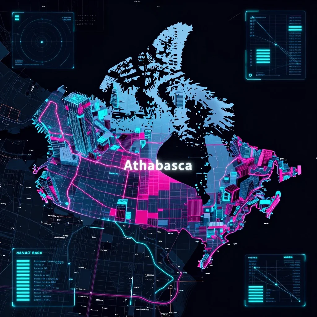 Cyberpunk style digital map of Athabasca, Canada with neon grid lines and futuristic UI design