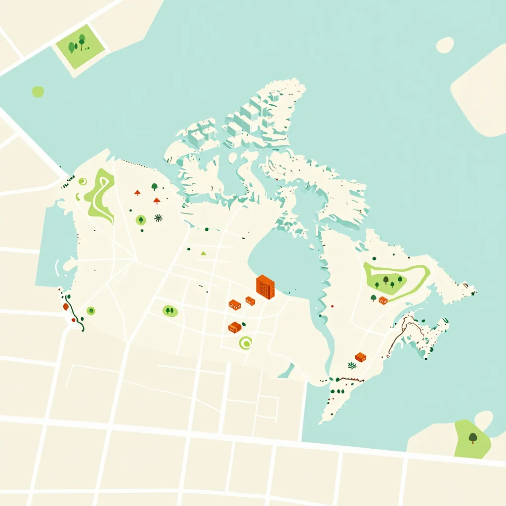 Isometric flat design tourist map of Athabasca, Canada showing landmarks, attractions, and points of interest