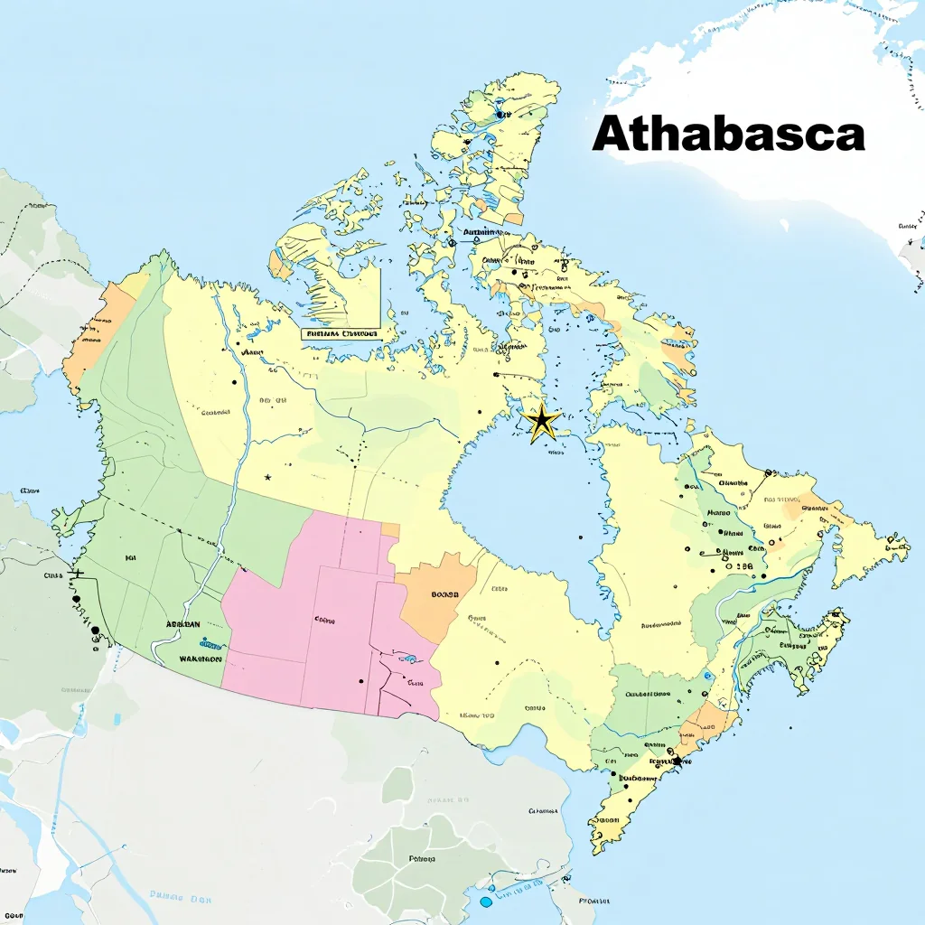 Political map showing borders, administrative divisions, major cities, and capital of Athabasca, Canada