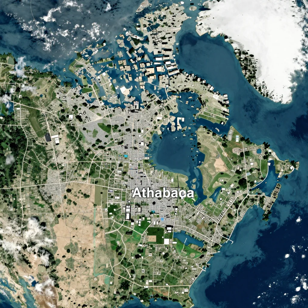 High-resolution satellite image of Athabasca, Canada showing land cover, urban areas, and natural features from space