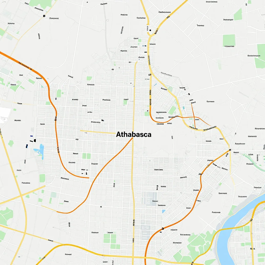 Detailed street map showing roads, highways, neighborhoods, and urban layout of Athabasca, Canada