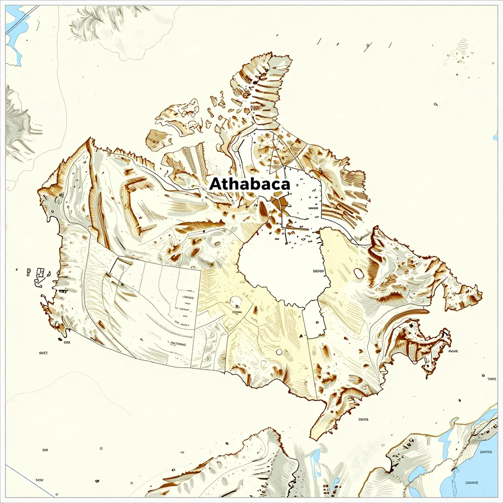 3D topographic map showing elevation contours, mountain ranges, and terrain features of Athabasca, Canada