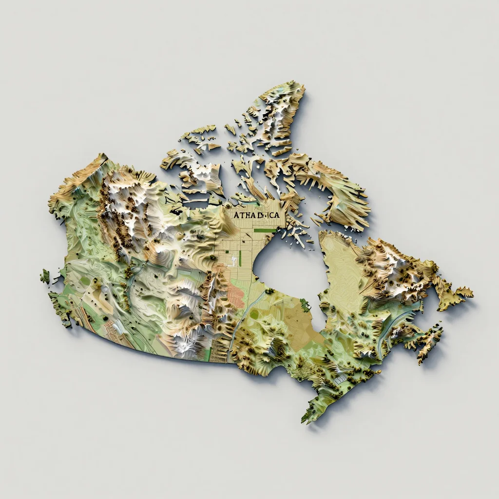 Isometric 3D topographic visualization showing elevation and terrain of Athabasca, Canada