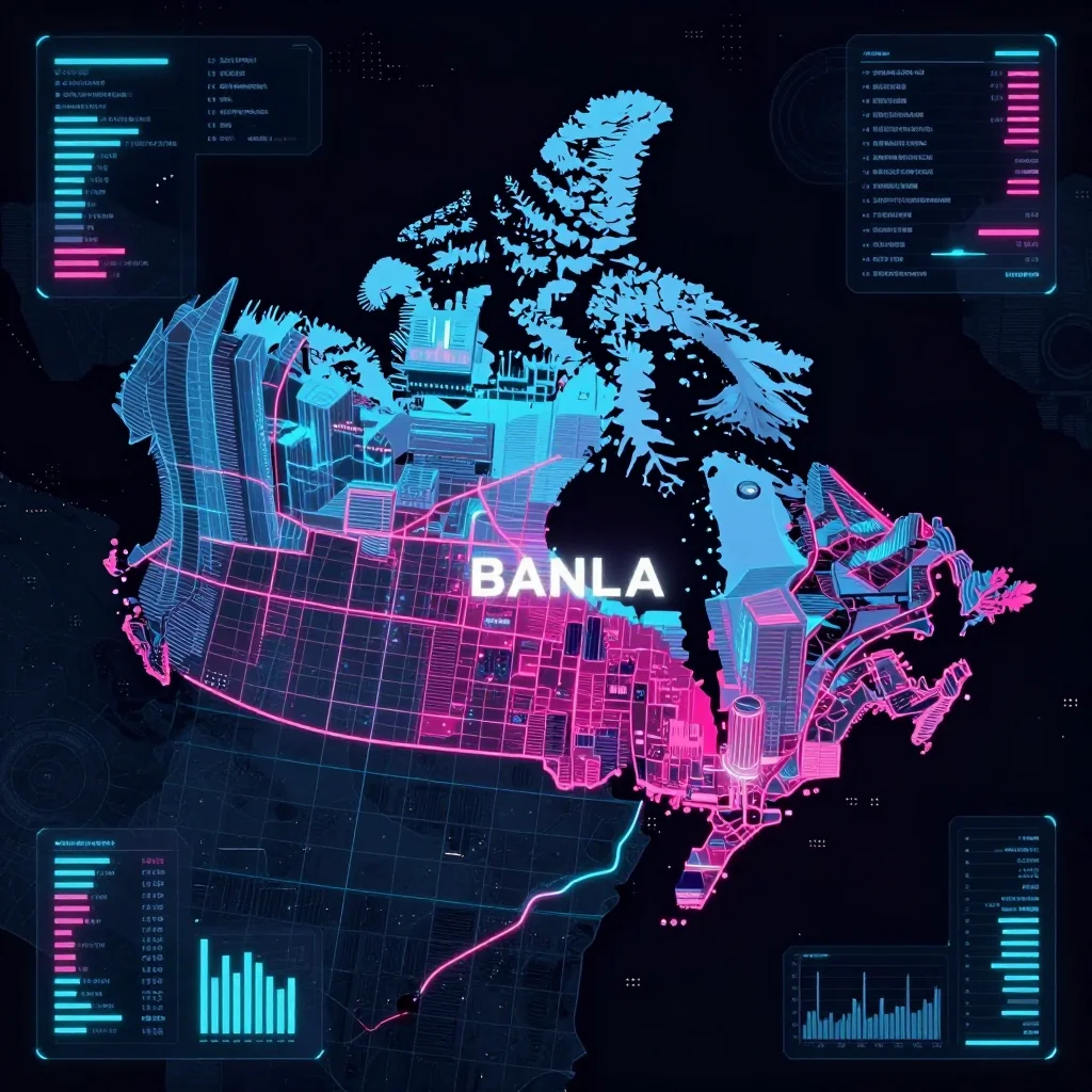 Cyberpunk style digital map of Banff, Canada with neon grid lines and futuristic UI design