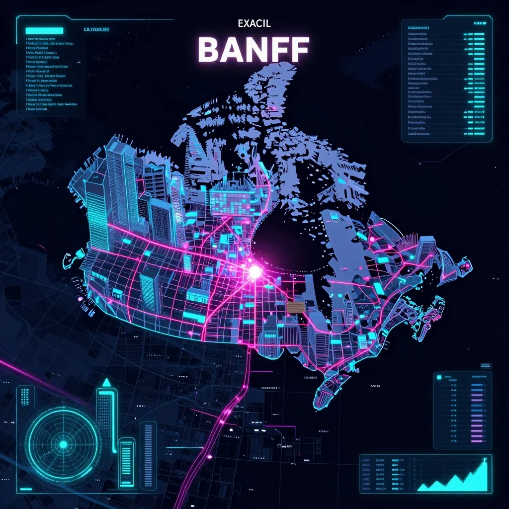 Cyberpunk style digital map of Banff, Canada with neon grid lines and futuristic UI design