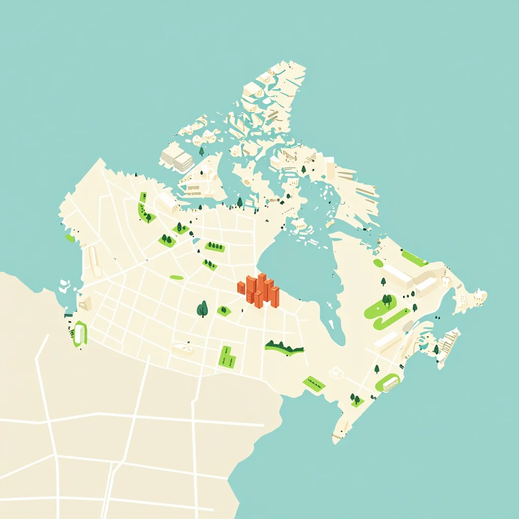 Isometric flat design tourist map of Banff, Canada showing landmarks, attractions, and points of interest
