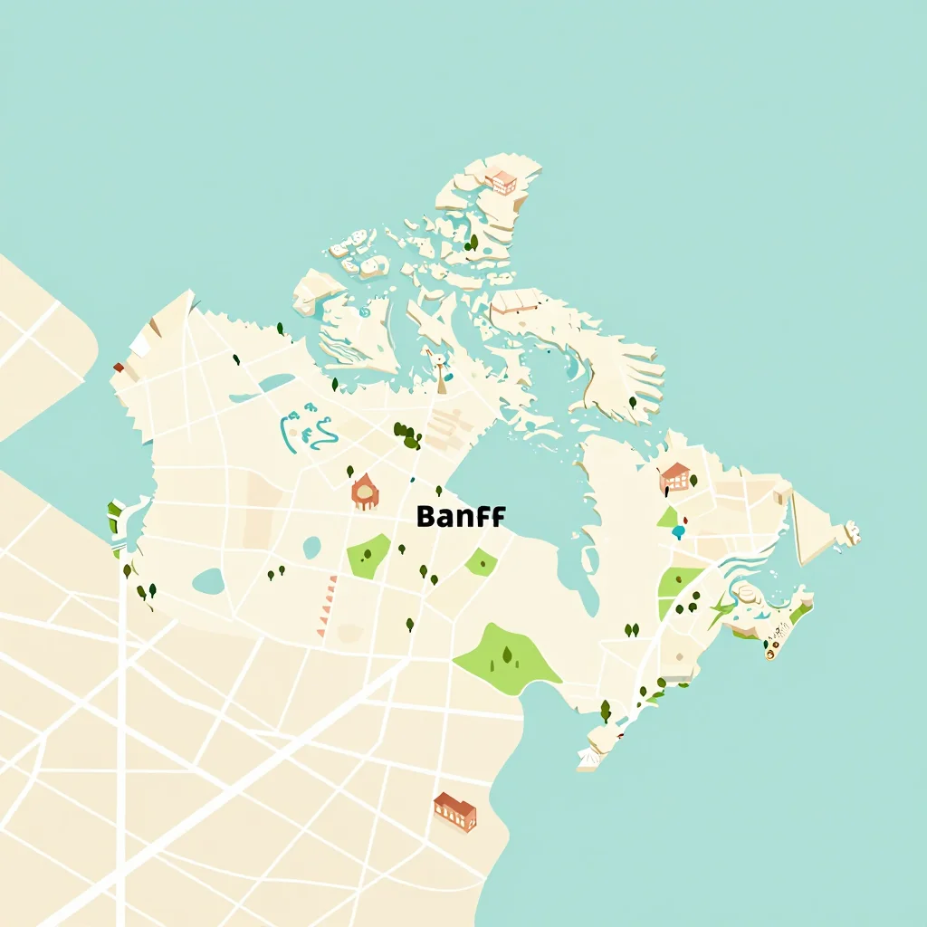 Isometric flat design tourist map of Banff, Canada showing landmarks, attractions, and points of interest