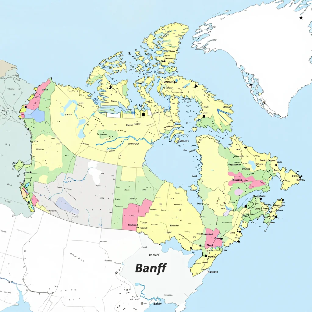 Political map showing borders, administrative divisions, major cities, and capital of Banff, Canada