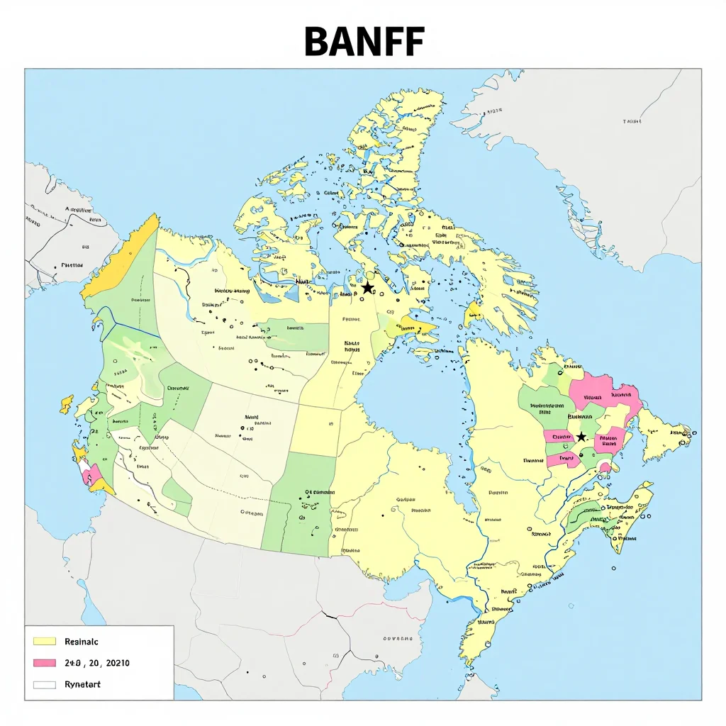 Political map showing borders, administrative divisions, major cities, and capital of Banff, Canada