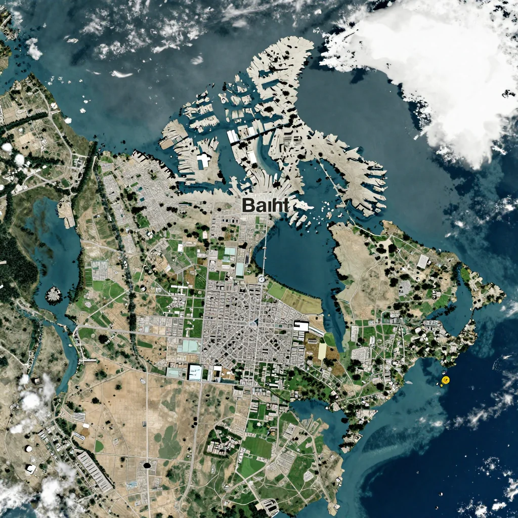 High-resolution satellite image of Banff, Canada showing land cover, urban areas, and natural features from space
