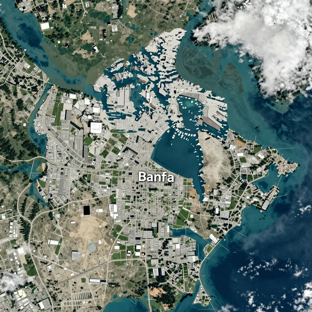 High-resolution satellite image of Banff, Canada showing land cover, urban areas, and natural features from space