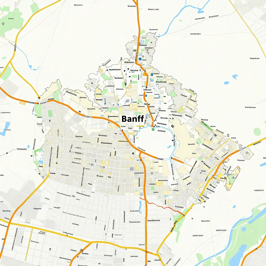 Detailed street map showing roads, highways, neighborhoods, and urban layout of Banff, Canada
