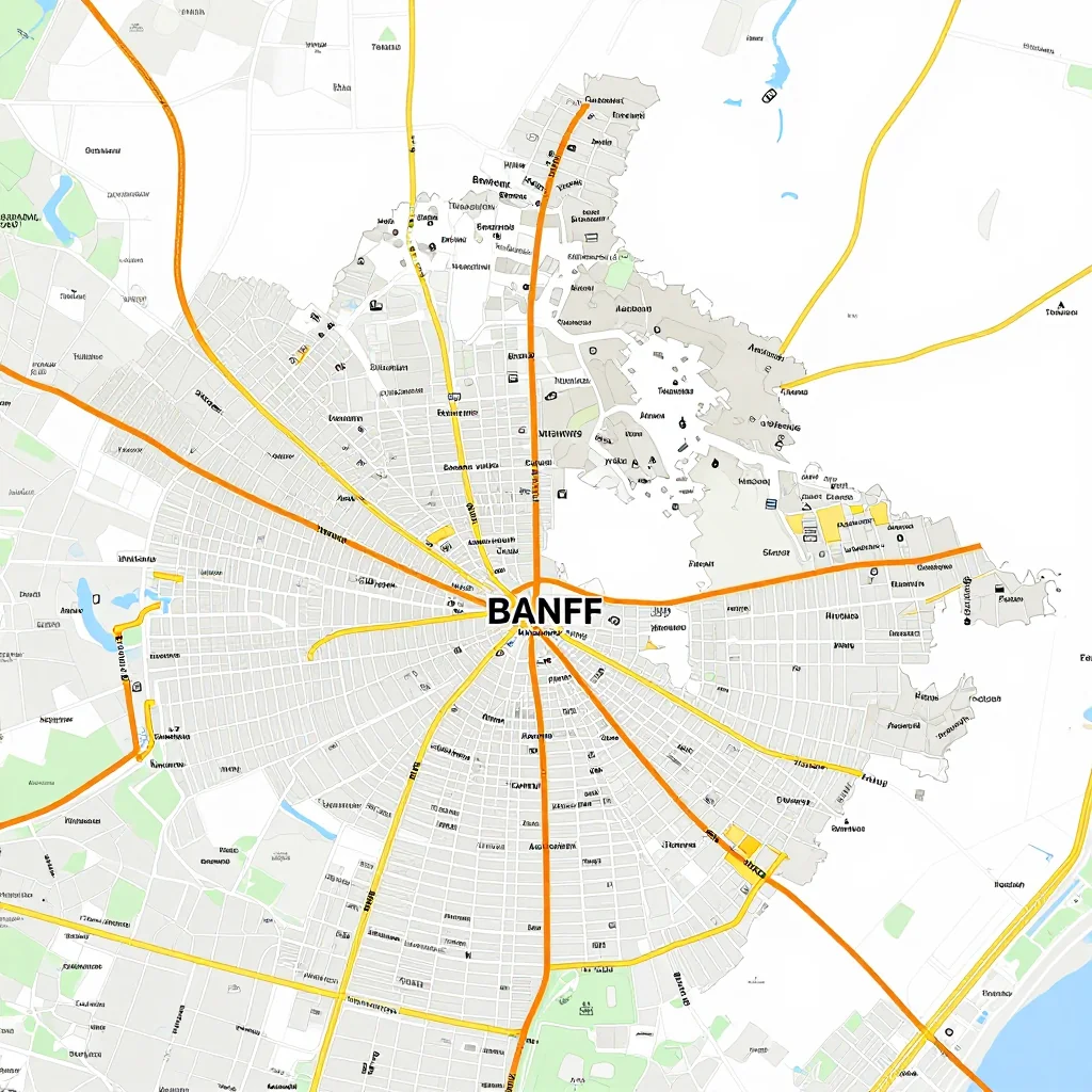 Detailed street map showing roads, highways, neighborhoods, and urban layout of Banff, Canada
