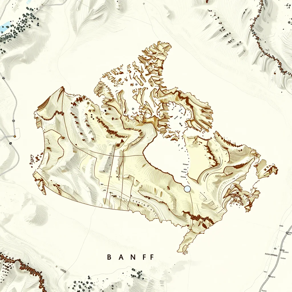 3D topographic map showing elevation contours, mountain ranges, and terrain features of Banff, Canada