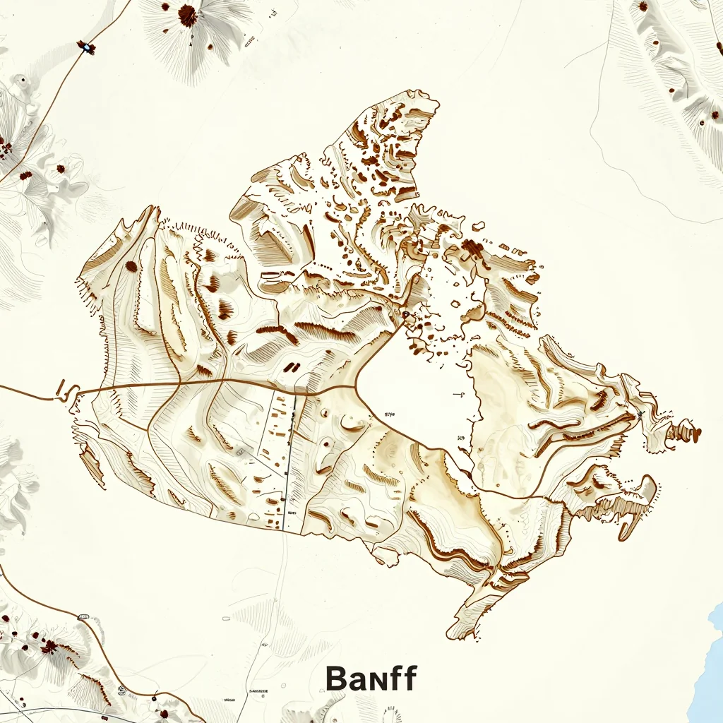 3D topographic map showing elevation contours, mountain ranges, and terrain features of Banff, Canada