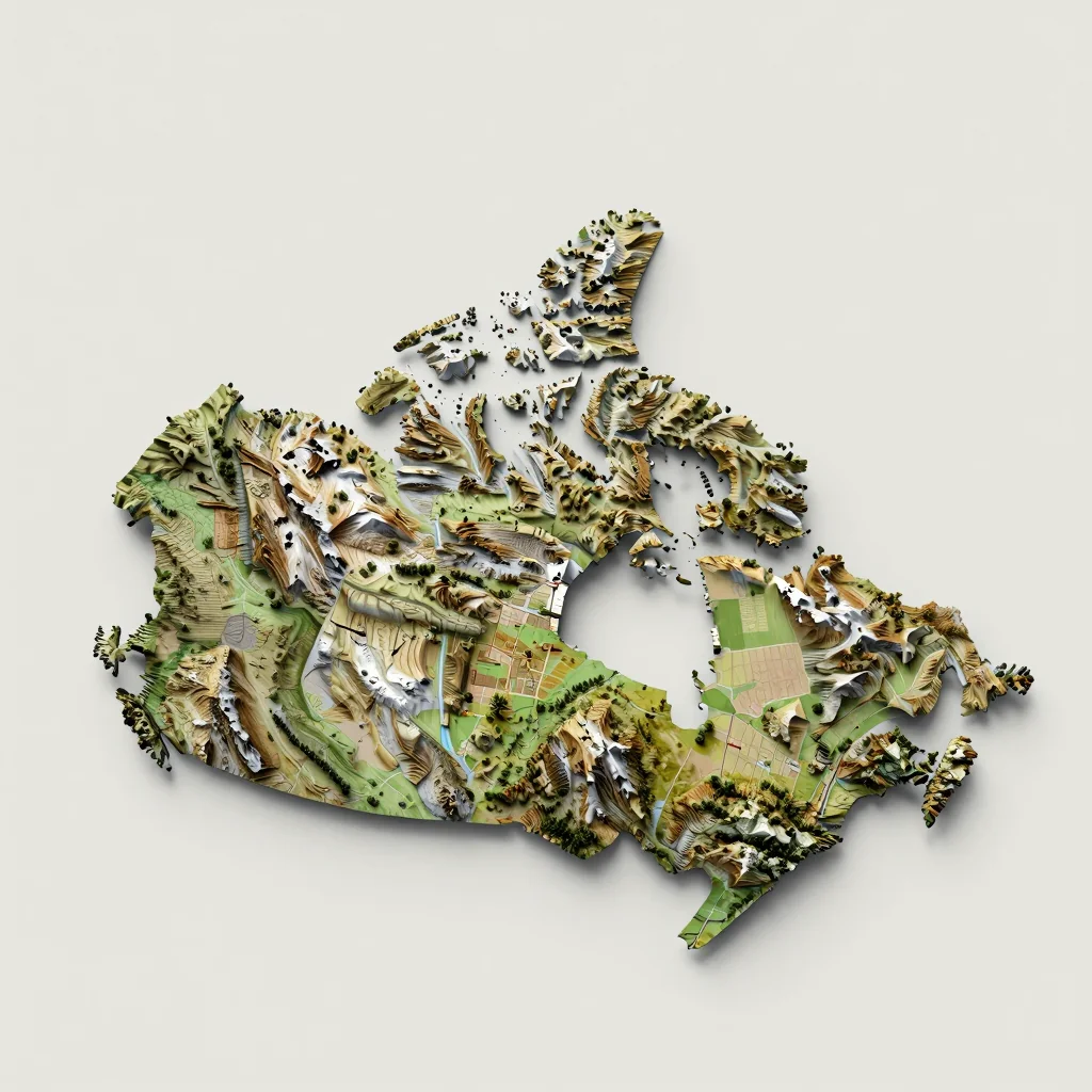 Isometric 3D topographic visualization showing elevation and terrain of Banff, Canada