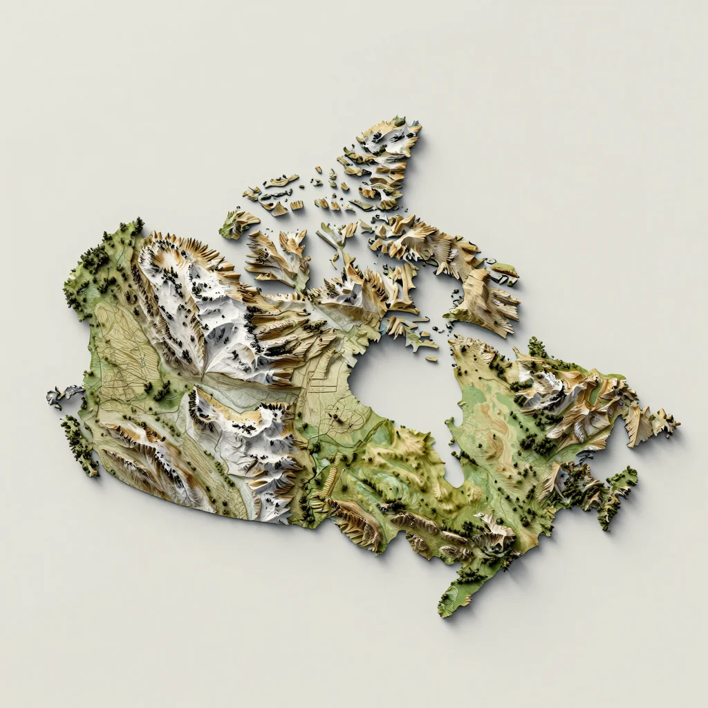 Isometric 3D topographic visualization showing elevation and terrain of Banff, Canada