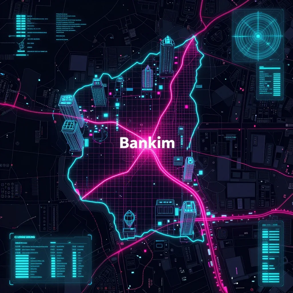 Cyberpunk style digital map of Bankim, Cameroon with neon grid lines and futuristic UI design