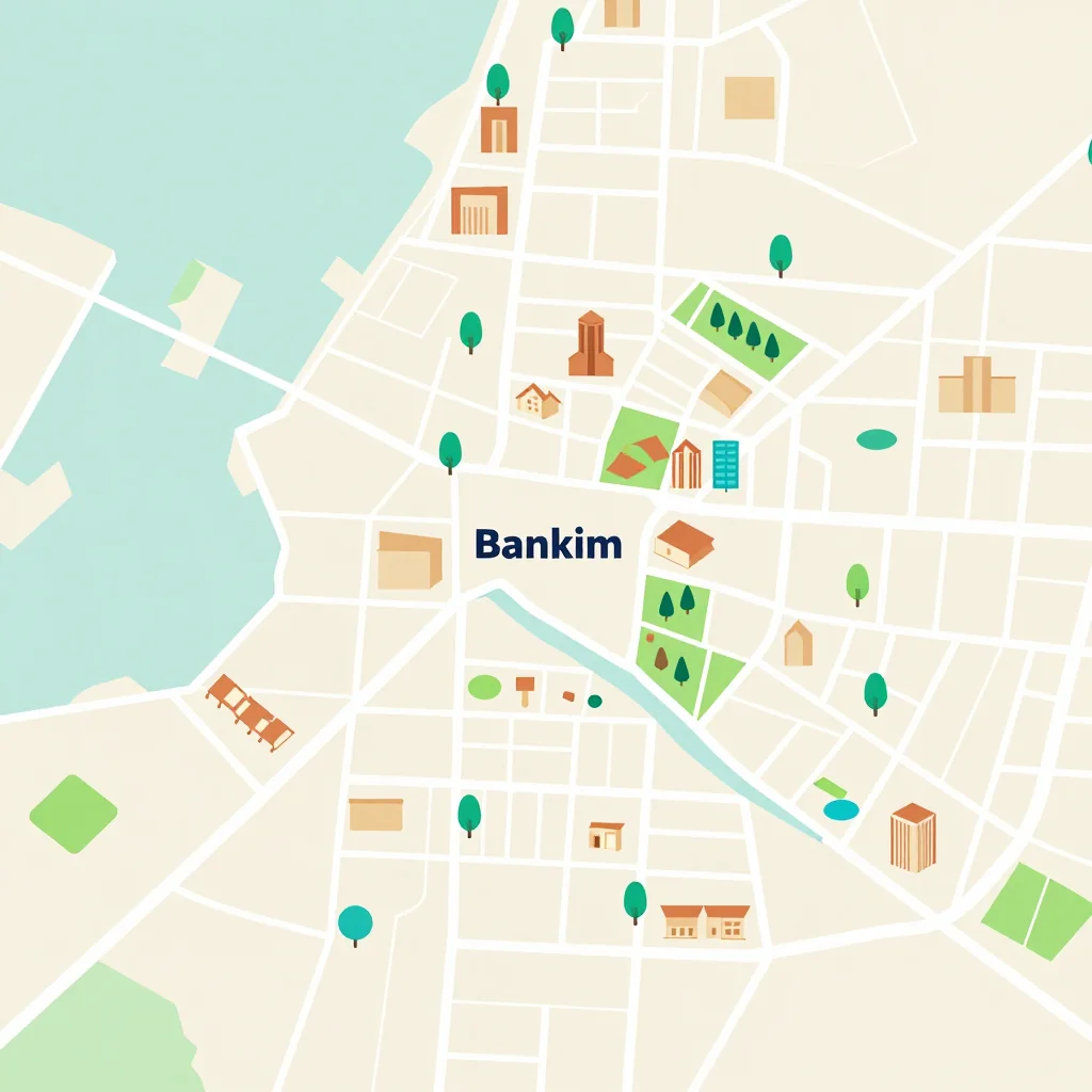 Isometric flat design tourist map of Bankim, Cameroon showing landmarks, attractions, and points of interest